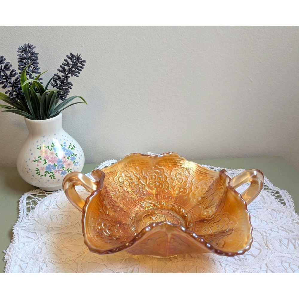 Vintage Carnival Glass‎ Bowl with Handles Amber Iridescent Ruffled Edge Floral